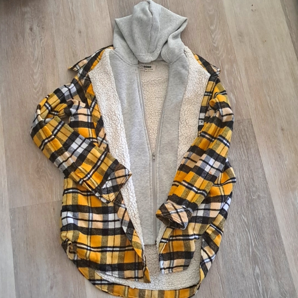 Yellow plaid hoodie button-up